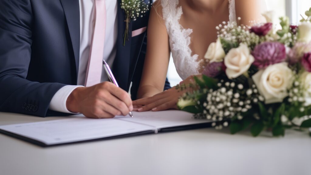 Photo de mariés en train de signer un contrat de mariage rédigé par un notaire. L'office notariale Sénéquier & Larère peuvent vous accompagner dans ce projet de vie.